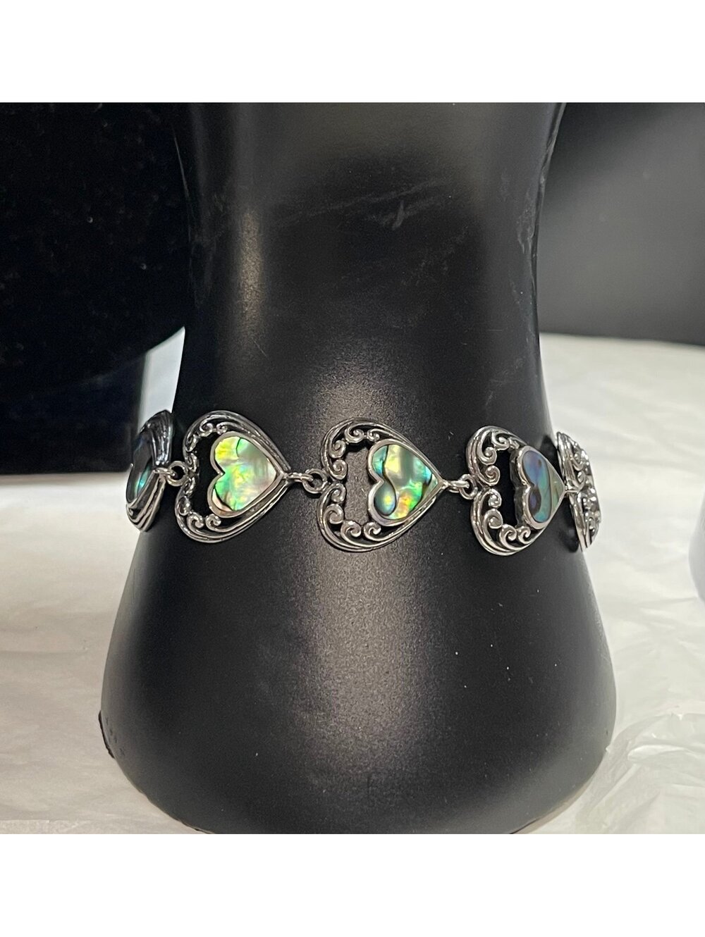 Sterling Silver Abalone Heart Link Bracelet 7"